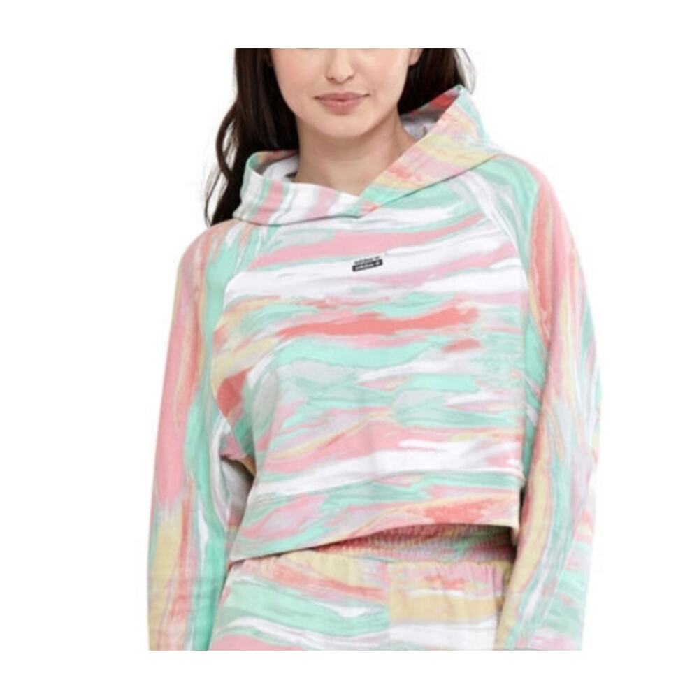 Adidas Cropped Hoodie Womens Marble Print Pink Green S